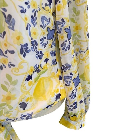 Ce Ce Yellow and Blue Floral Blouse Boat neck with tie hem. - Picture 5 of 9